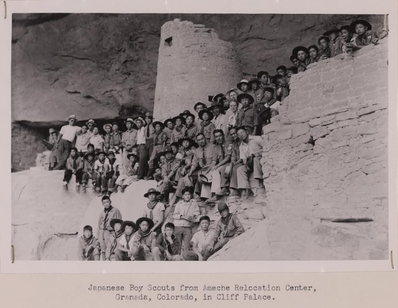 Japanese Boy Scouts from Amache Relocation Center at Cliff Palace in Mesa Verde National Park, 1943