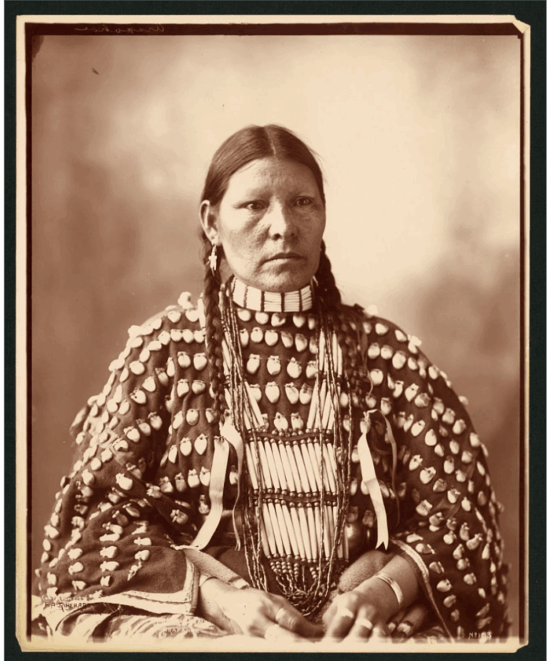 Portrait of an Arapaho Woman. Freckled Face (Arapahoe) taken by F.A. Rinehart, Omaha (1899); photograph shows half-length portrait of an Arapahoe woman.
